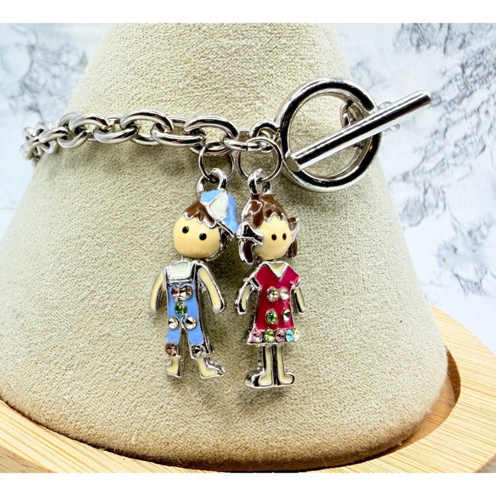 Articulated Boy Girl Charm Bracelet Silver Tone Enamel Rhinestones Toggle 8"